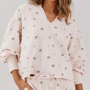 Something Navy Hazel Pink Floral Split Neck Sweatshirt, Medium
